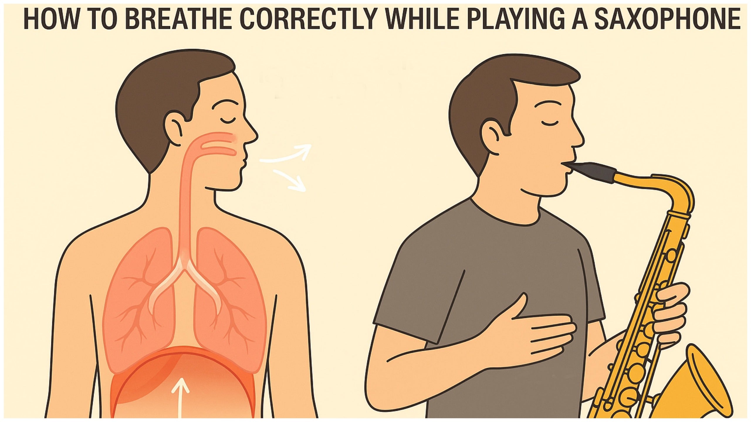 Instructional illustration showing a saxophonist and an anatomical diagram with clearly labeled diaphragm and airflow arrows to demonstrate proper breathing technique