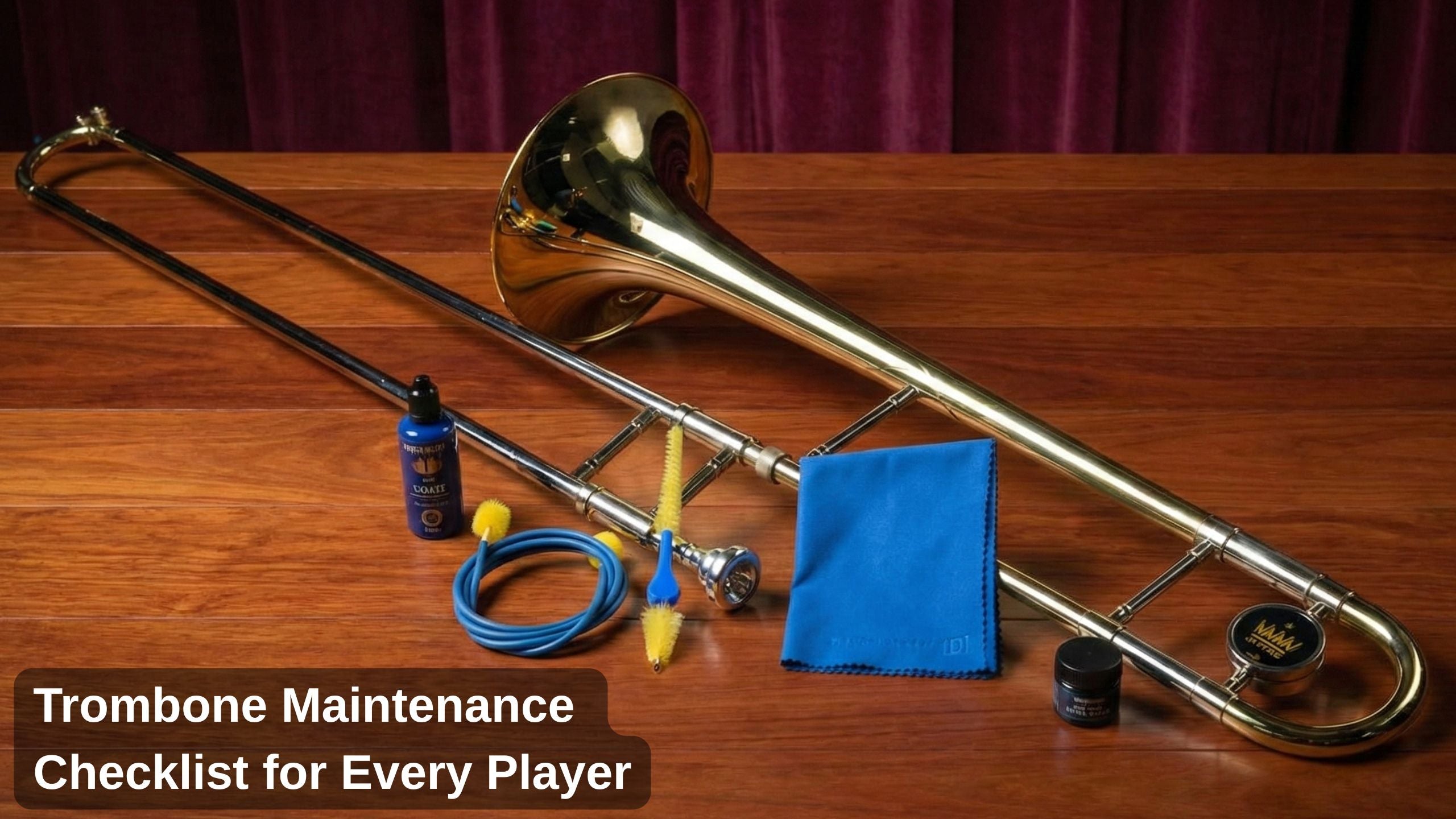 Trombone maintenance essentials laid out on a workbench with slide, accessories, and cleaning tools
