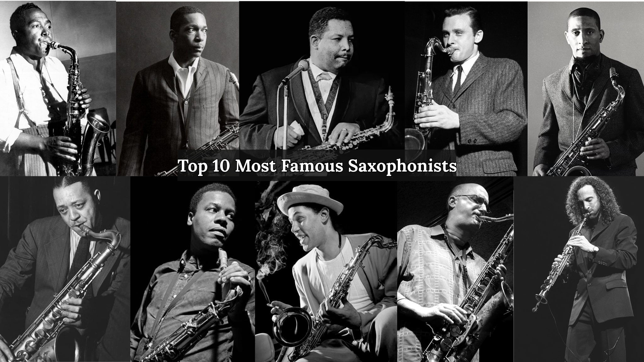 Collage of famous saxophonists including Charlie Parker, John Coltrane, and Kenny G, representing the evolution of jazz and saxophone music