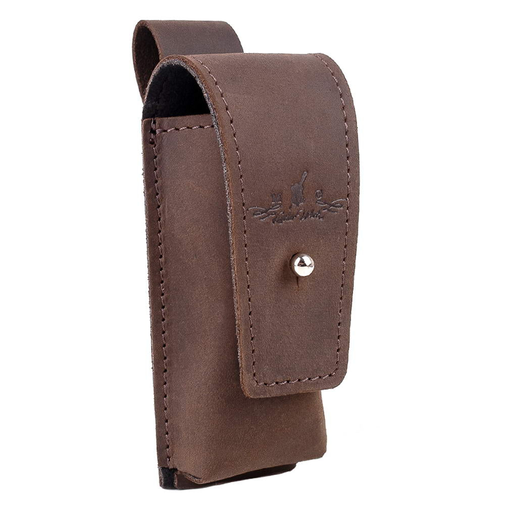Side angle of brown leather harmonica holder featuring holster clasp and handcrafted stitching