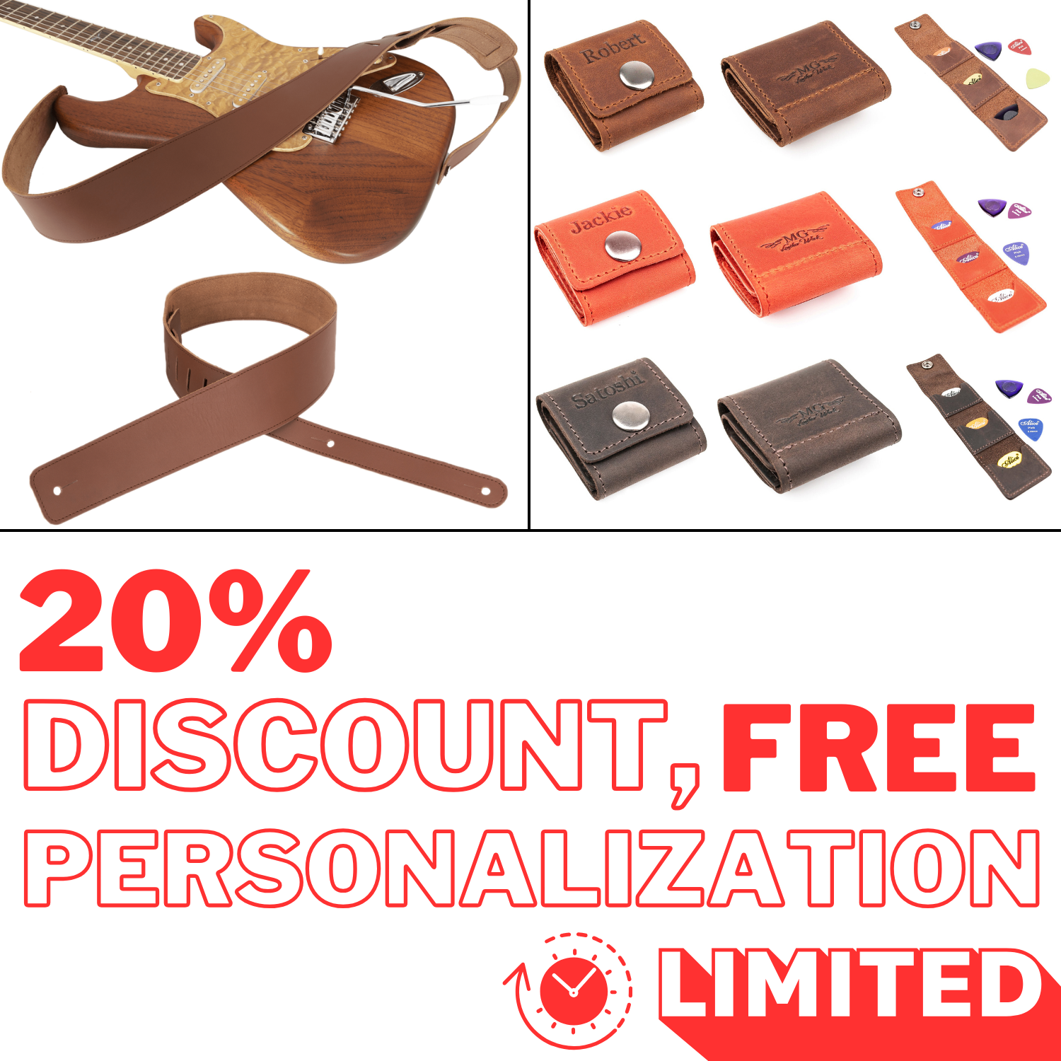 Set 2 in 1 Classic Guitar Strap and Guitar Pick Holder
