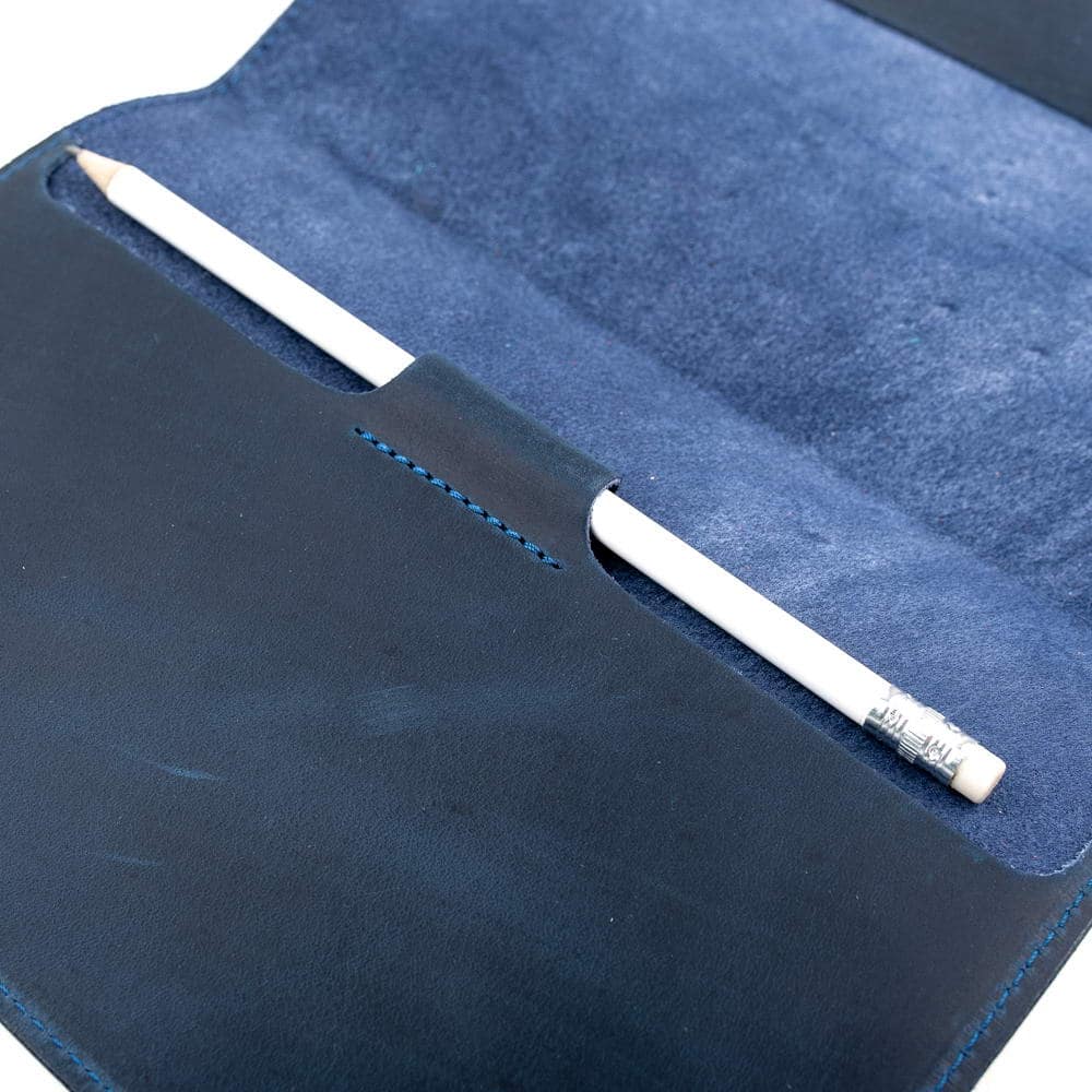 Dark Blue A5 Leather Notebook With Pencil Holder