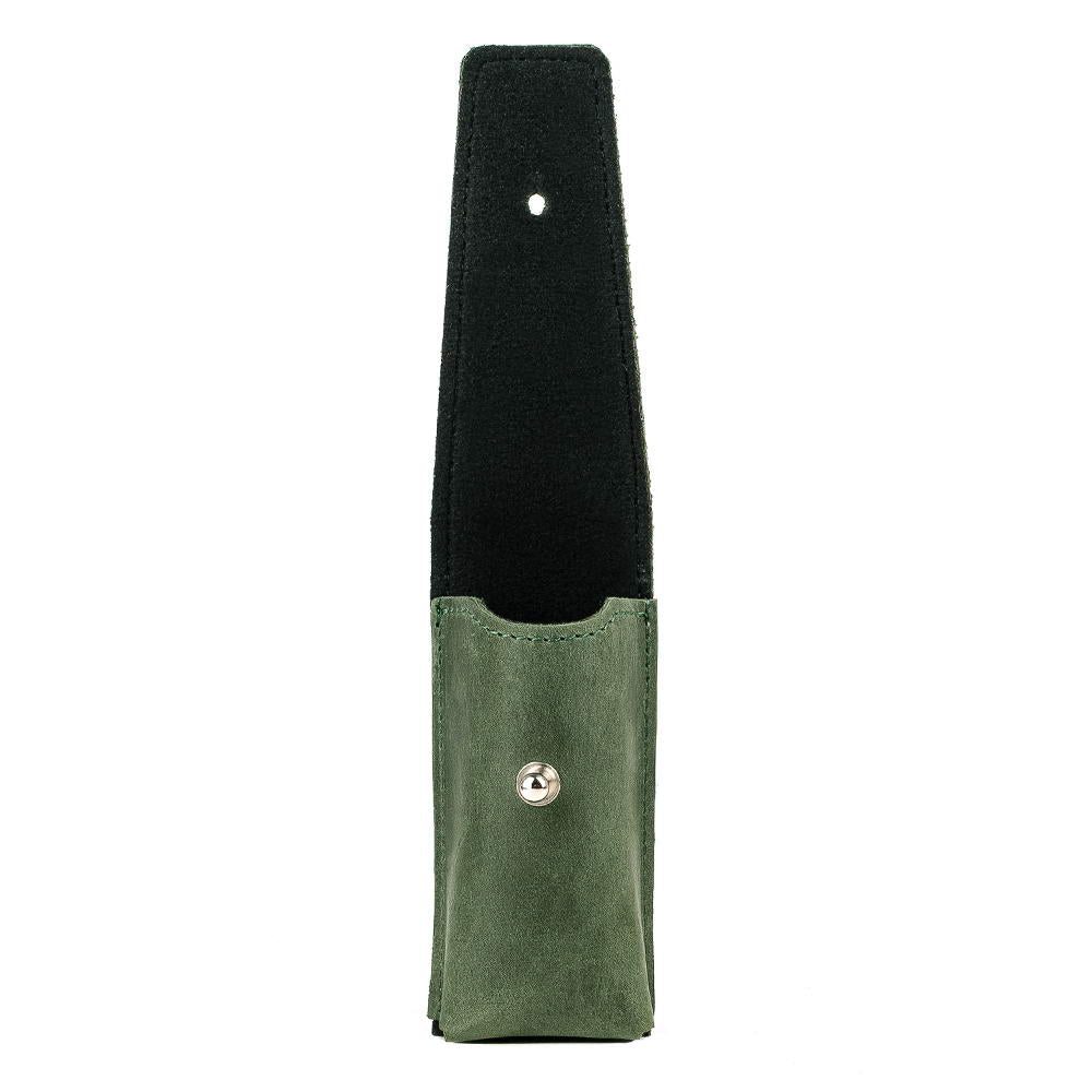 Open flap view of green Crazy Horse harmonica holder with interior lining.
