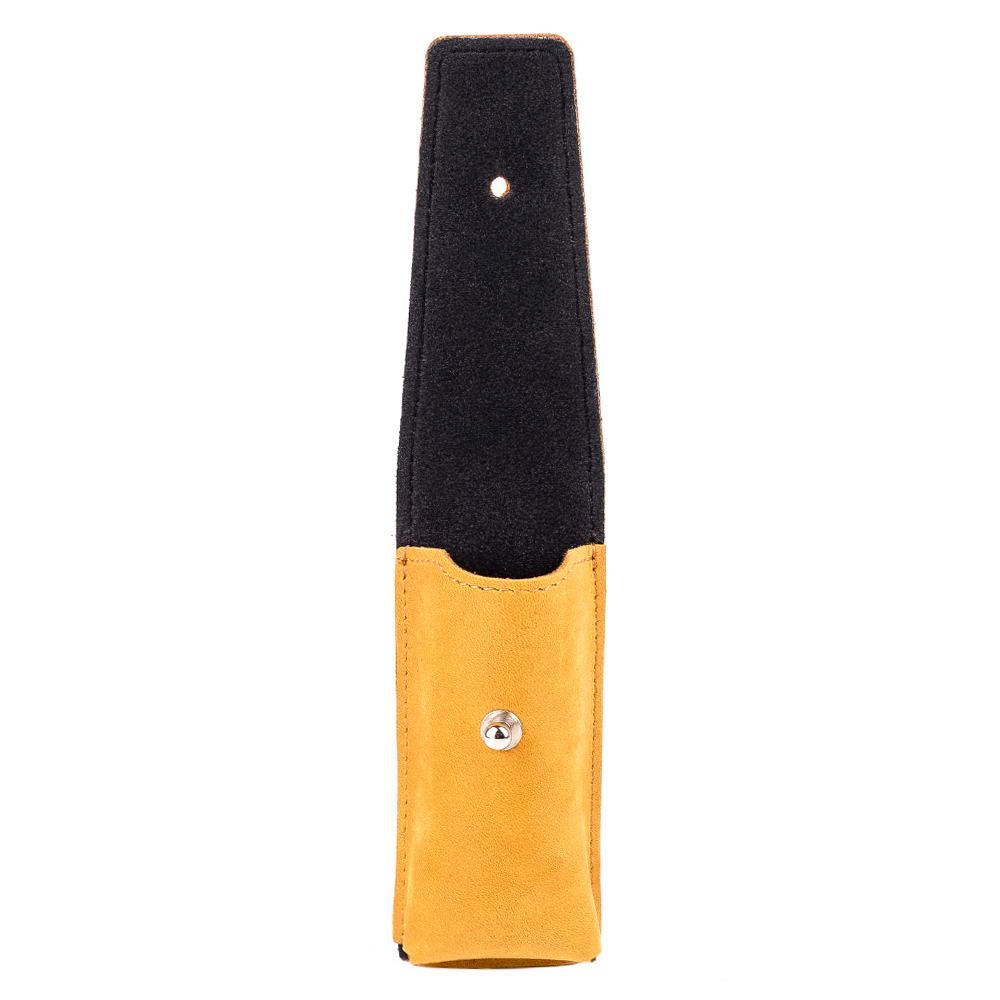 Open flap view of yellow Crazy Horse harmonica holder with interior lining