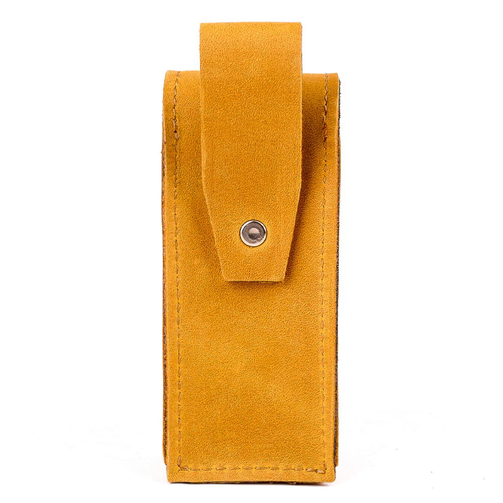 Back view of yellow harmonica leather case with closed belt loop flap