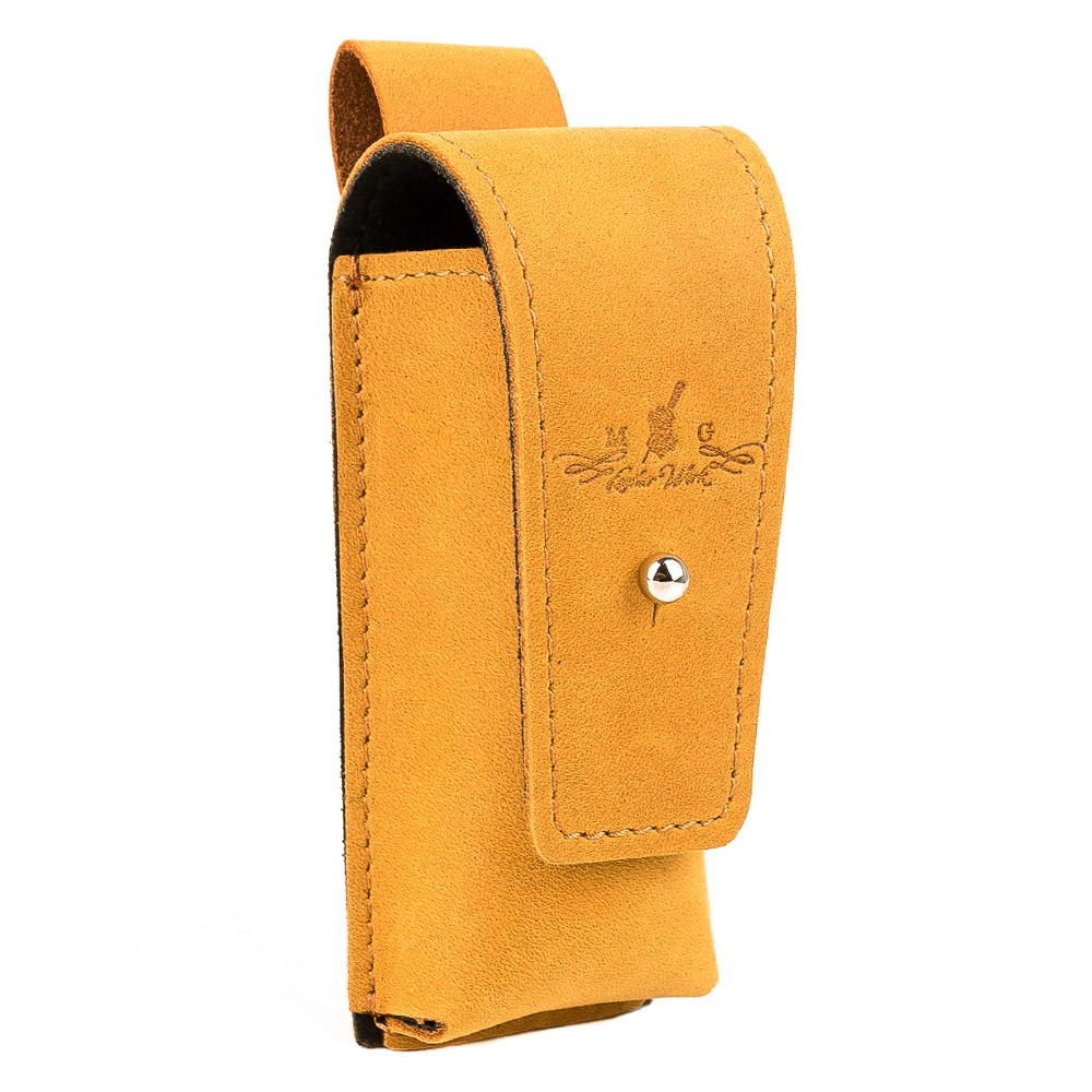 Angled view of yellow leather harmonica pouch with Holster Clasp and belt loop