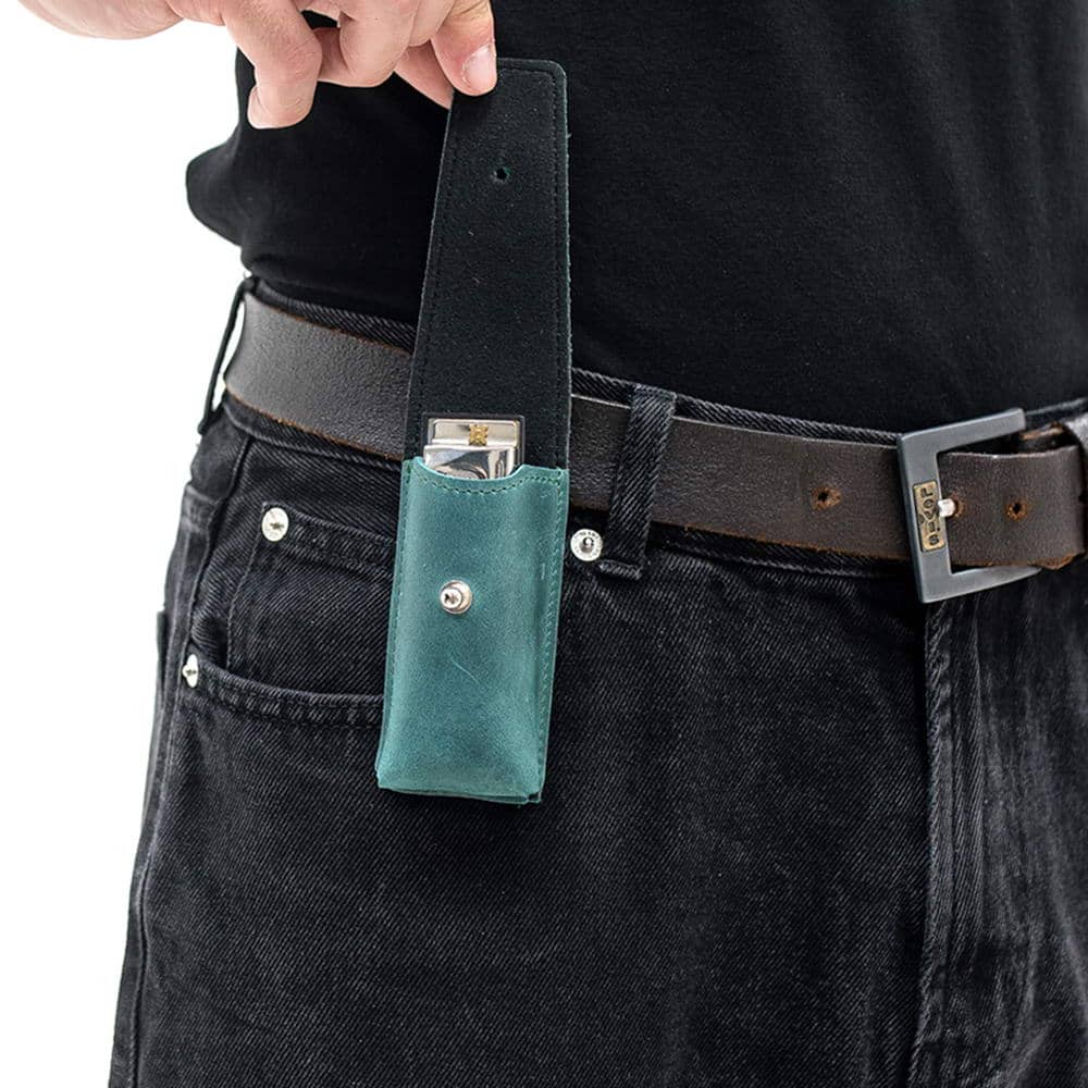 Opal color leather harmonica carrying case featuring belt holster design and sturdy attachment.