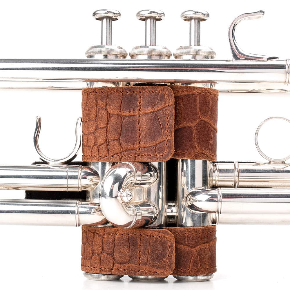 Rear view of trumpet fitted with Hand Guard L in Light Brown Crazy Horse leather