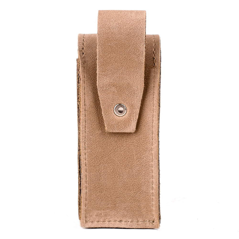Back side of sand-colored Crazy Horse leather harmonica holster with leather belt loop