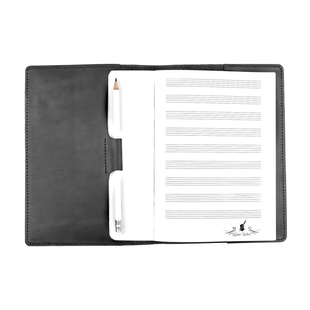 Black A5 Leather Notebook Open Interior View