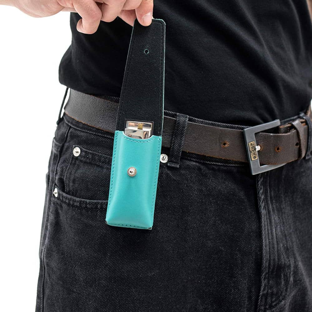 Tiffany leather harmonica pouch with flap open showing instrument