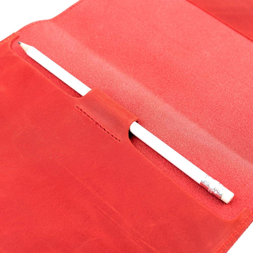 Red A5 Leather Notebook With Pencil Holder