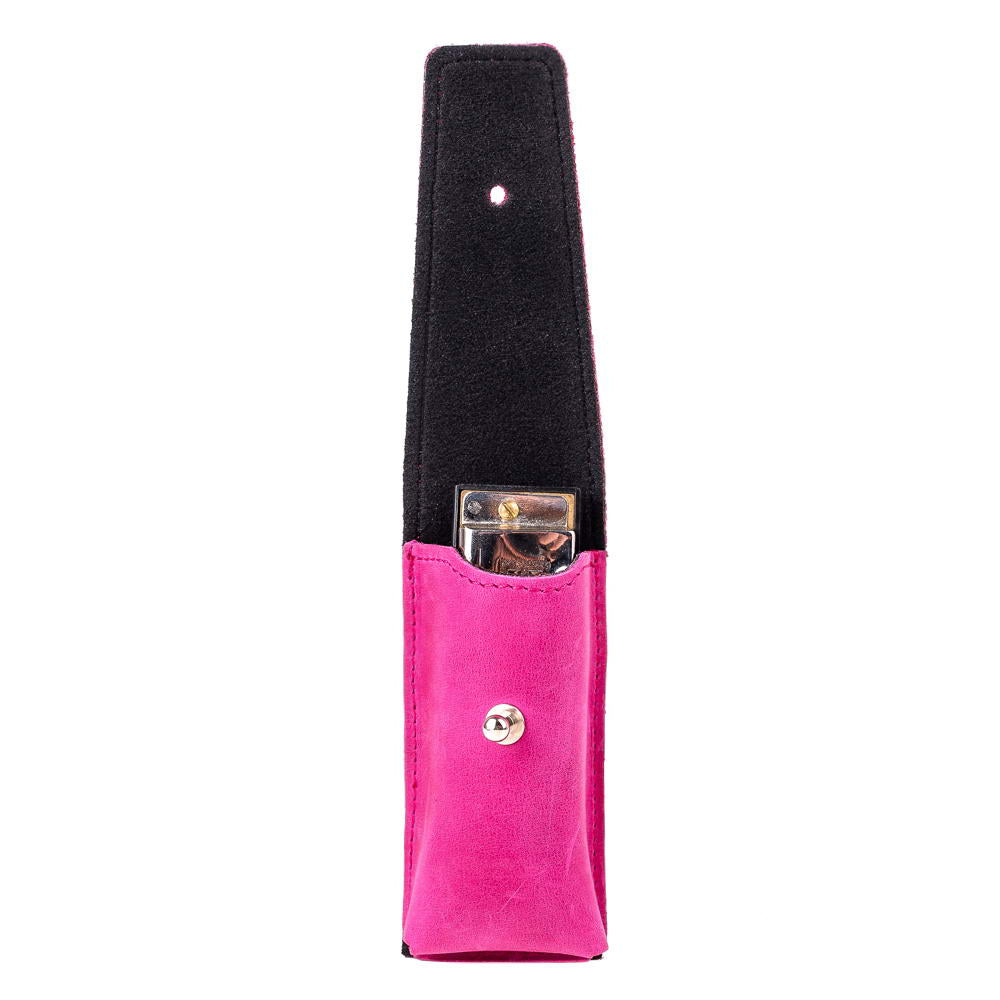 Bright pink Crazy Horse leather harmonica case with harmonica inside