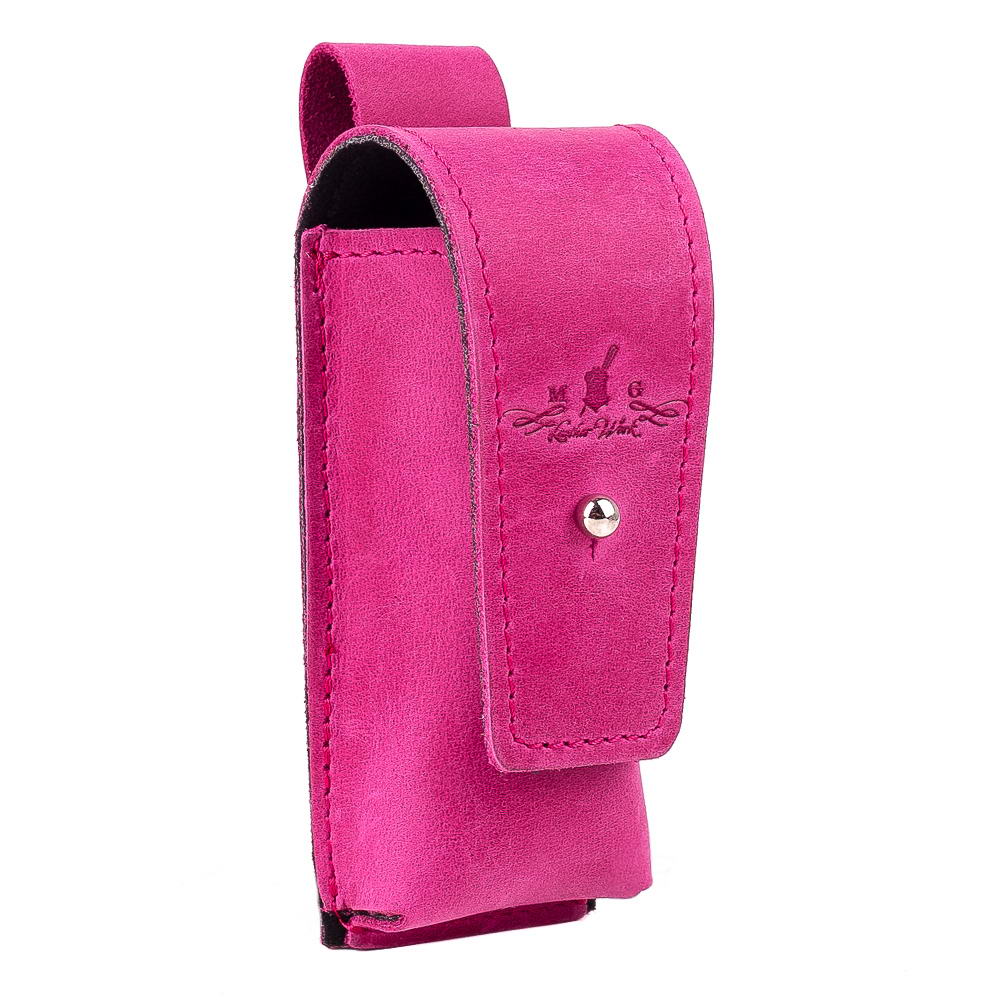 Angled view of bright pink Crazy Horse leather harmonica case with MG embossed logo