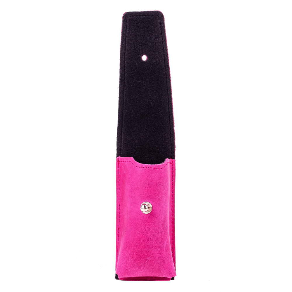 Open bright pink Crazy Horse leather harmonica pouch showing inner lining