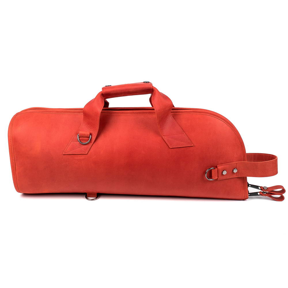 Trumpet Gig Bag Crazy Horse Leather Red color – back view showing three D-shaped rings for shoulder strap attachment.