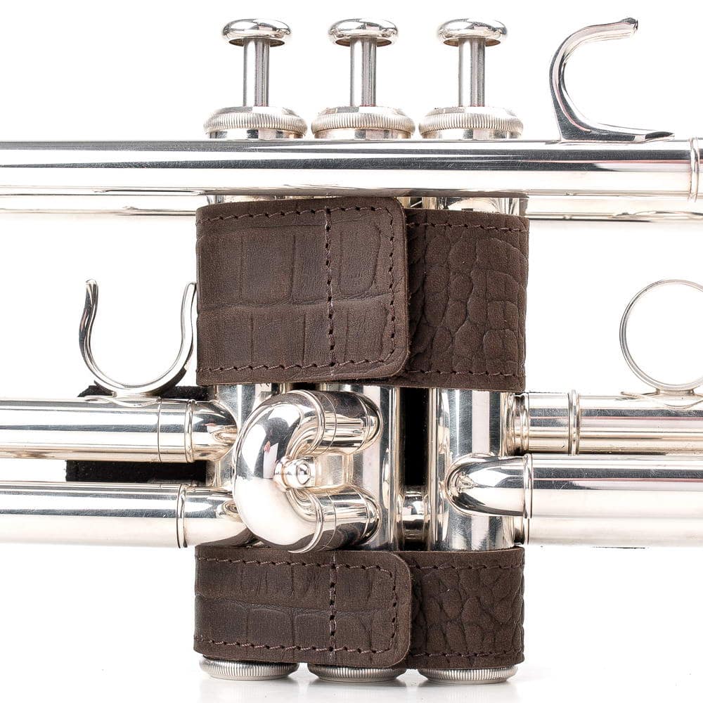 Back side of trumpet showing Hand Guard L in Brown Crazy Horse leather