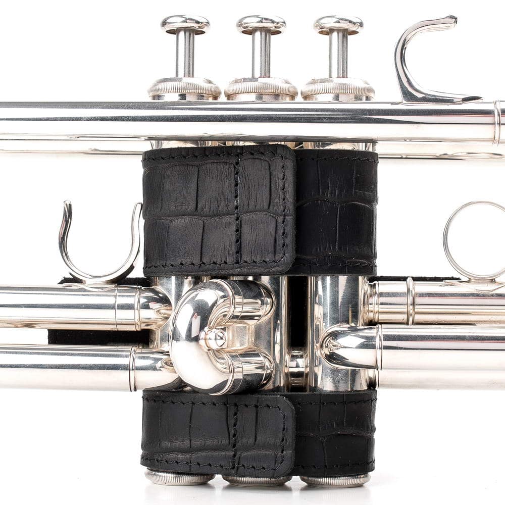 Trumpet Hand Guard L Reptile Leather Black — back view on trumpet