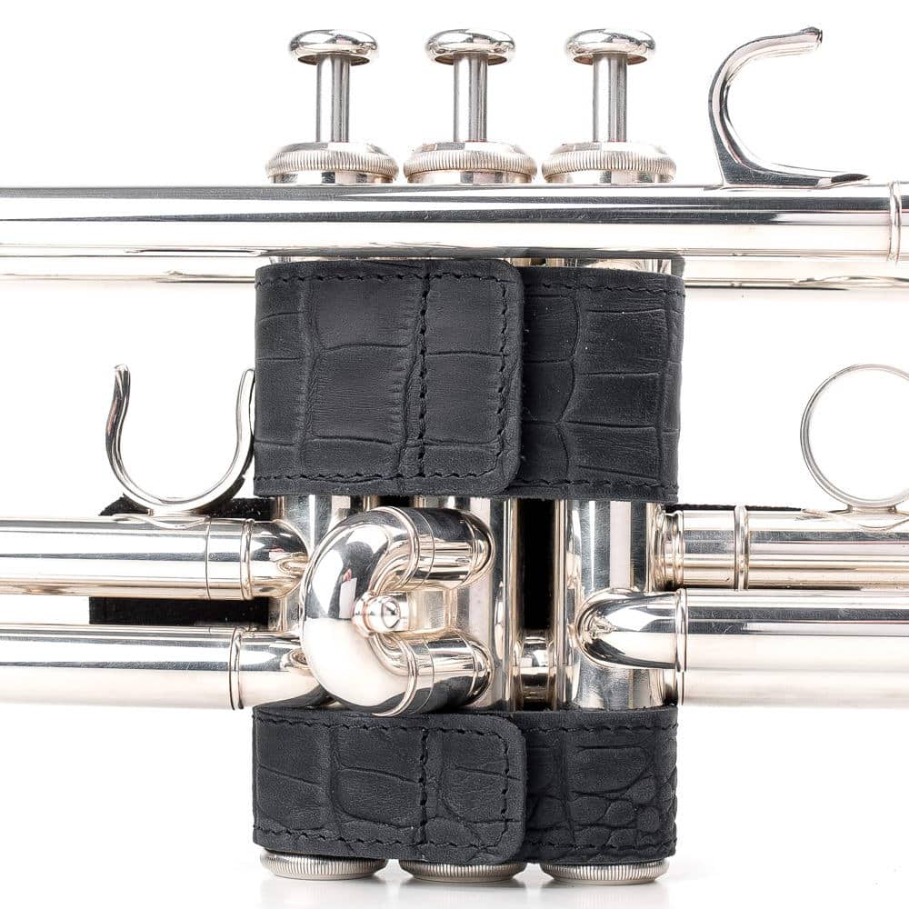 Trumpet Hand Guard L Reptile Leather Dark Blue — back view on trumpet