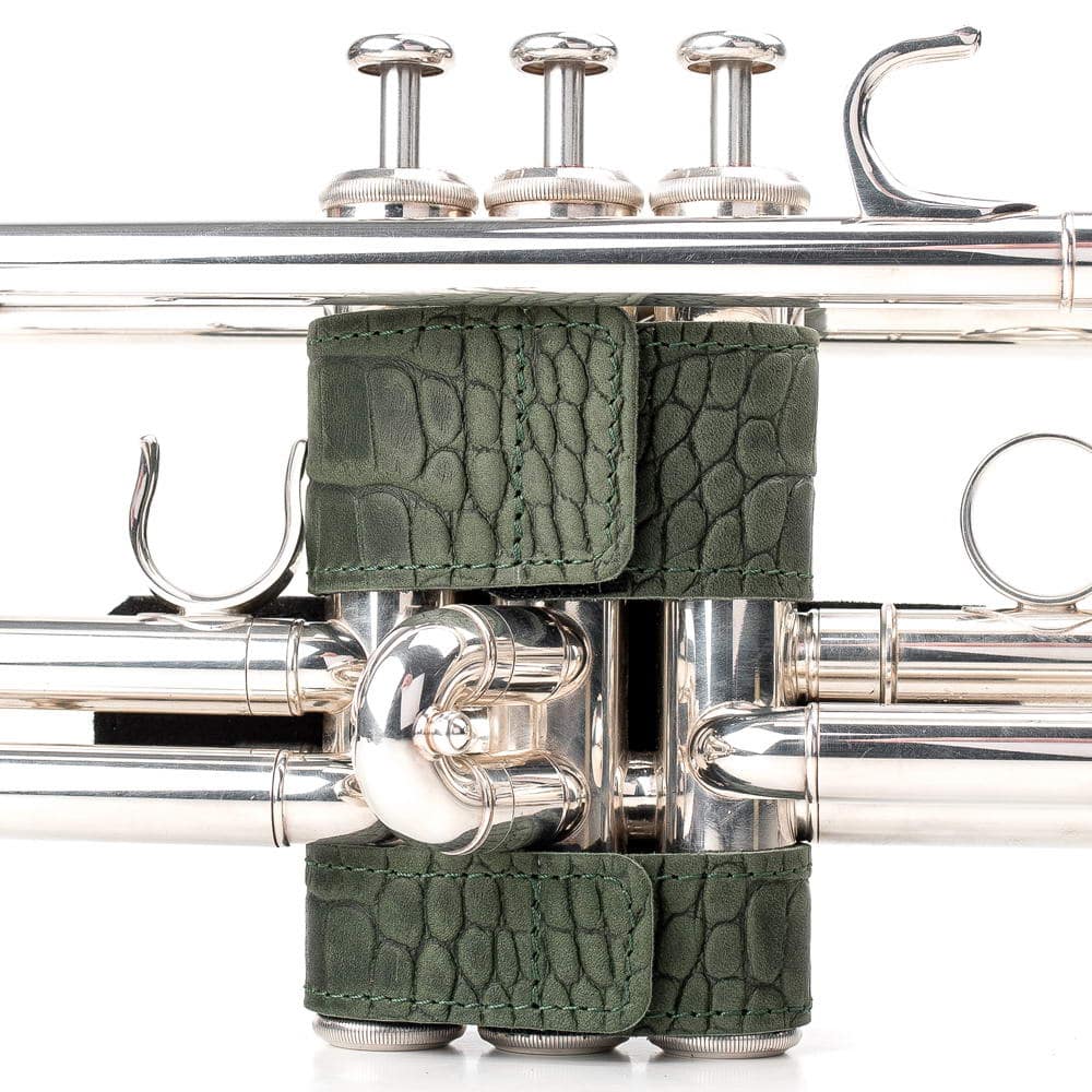 Trumpet Hand Guard L Reptile Leather Green — view from the back side on trumpet