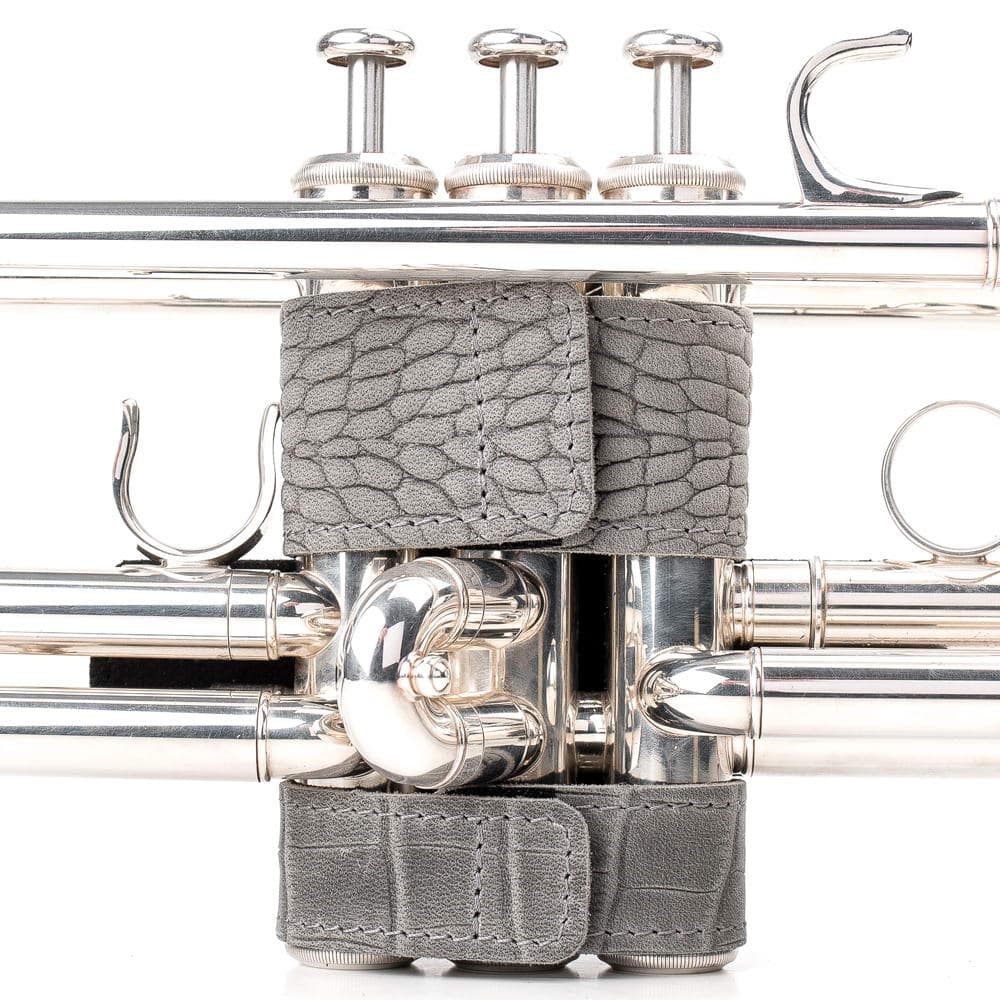 Trumpet Hand Guard L Reptile Leather Grey — back view on trumpet