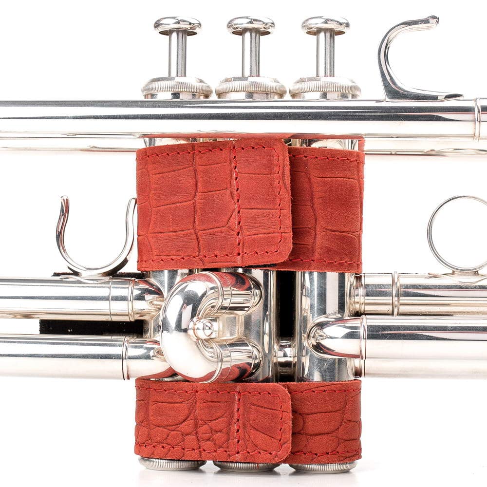 Trumpet Hand Guard L Reptilia Leather Red — back view on trumpet