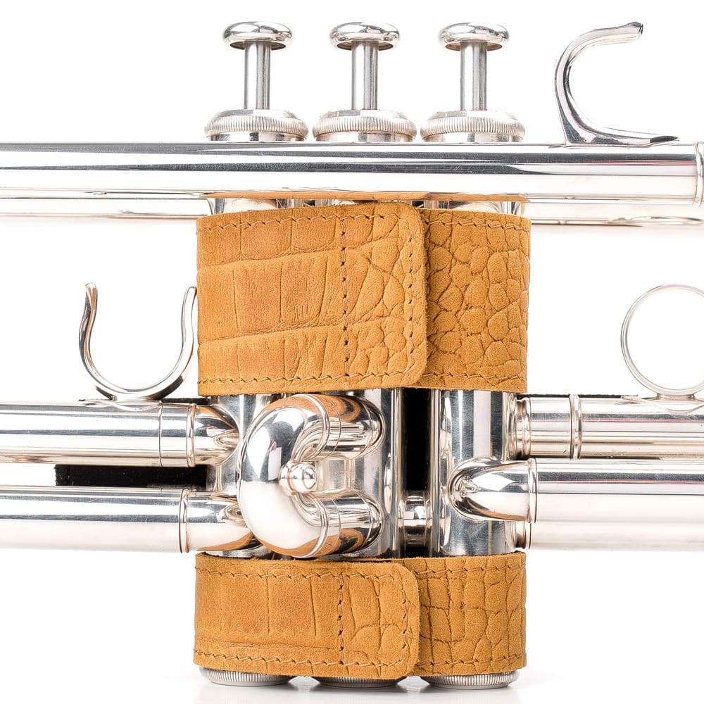 Back view of trumpet with Hand Guard L in Yellow Crazy Horse leather