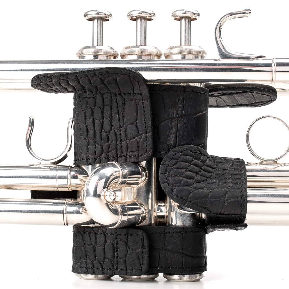Trumpet Hand Guard XL Reptile Leather Black — back side on trumpet