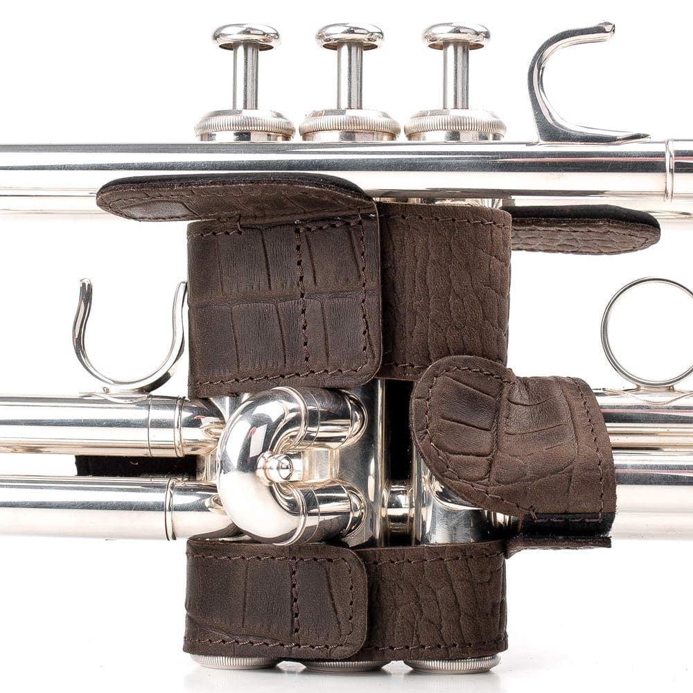Trumpet Hand Guard XL Reptile Leather Brown — back side on trumpet