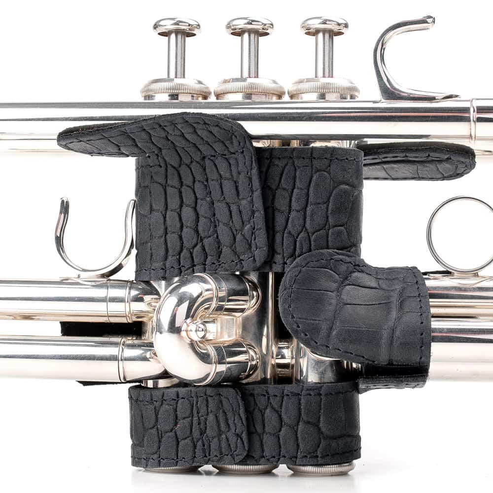 Trumpet Hand Guard XL Reptile Leather Dark Blue — back side on trumpet
