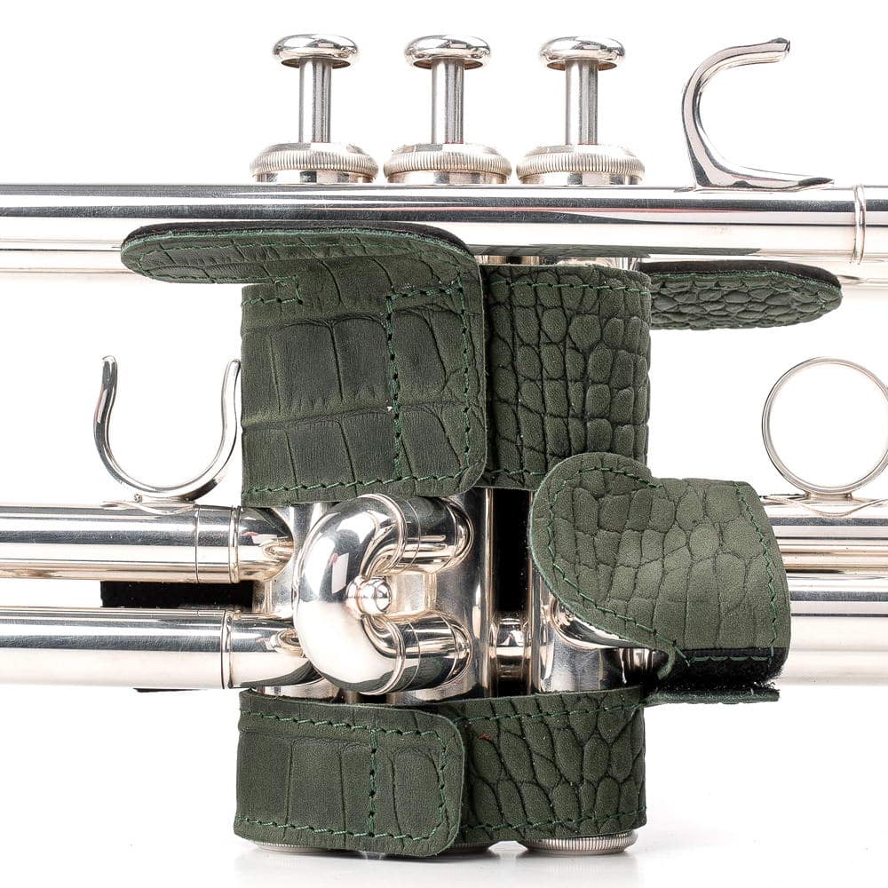 Trumpet Hand Guard XL Reptile Leather Green — back side on trumpet