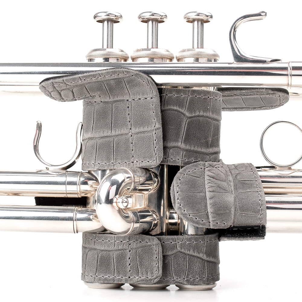 Trumpet Hand Guard XL Reptile Leather Grey — back view on trumpet