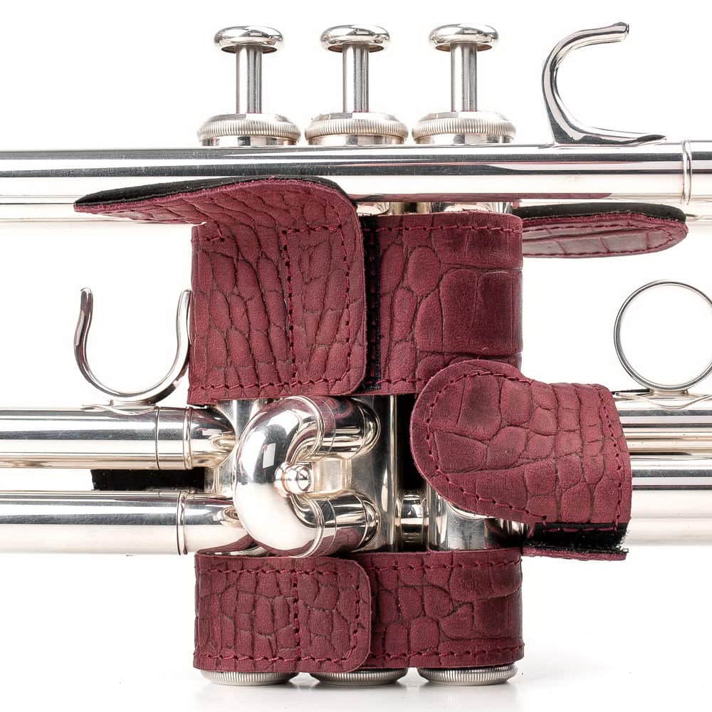 Trumpet Hand Guard XL Reptile Leather Marsala — back side on trumpet