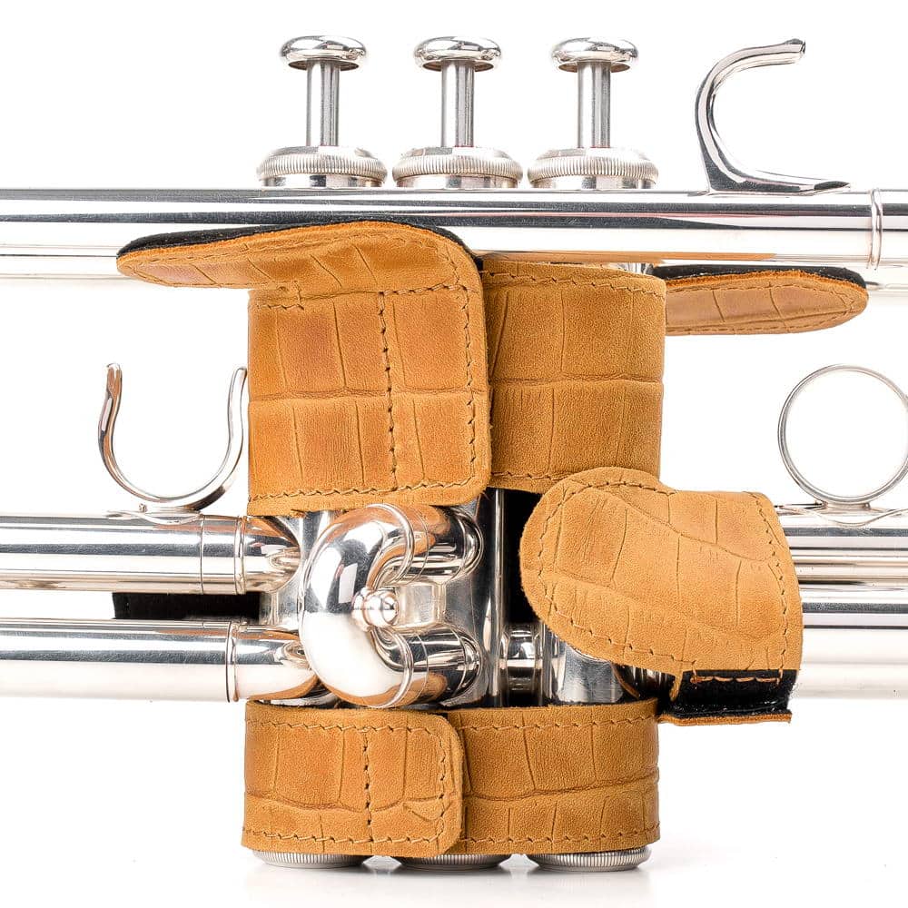 Trumpet Hand Guard XL Reptile Leather Yellow — back view on trumpet