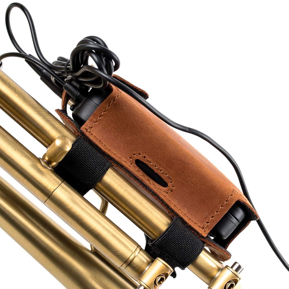 Top view of trumpet microphone pouch showing cable routing and attachment.