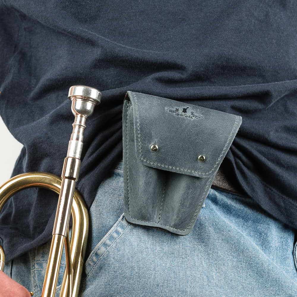 Trumpet Mouthpiece Case Double Crazy Horse Leather Gray — attached to belt on person