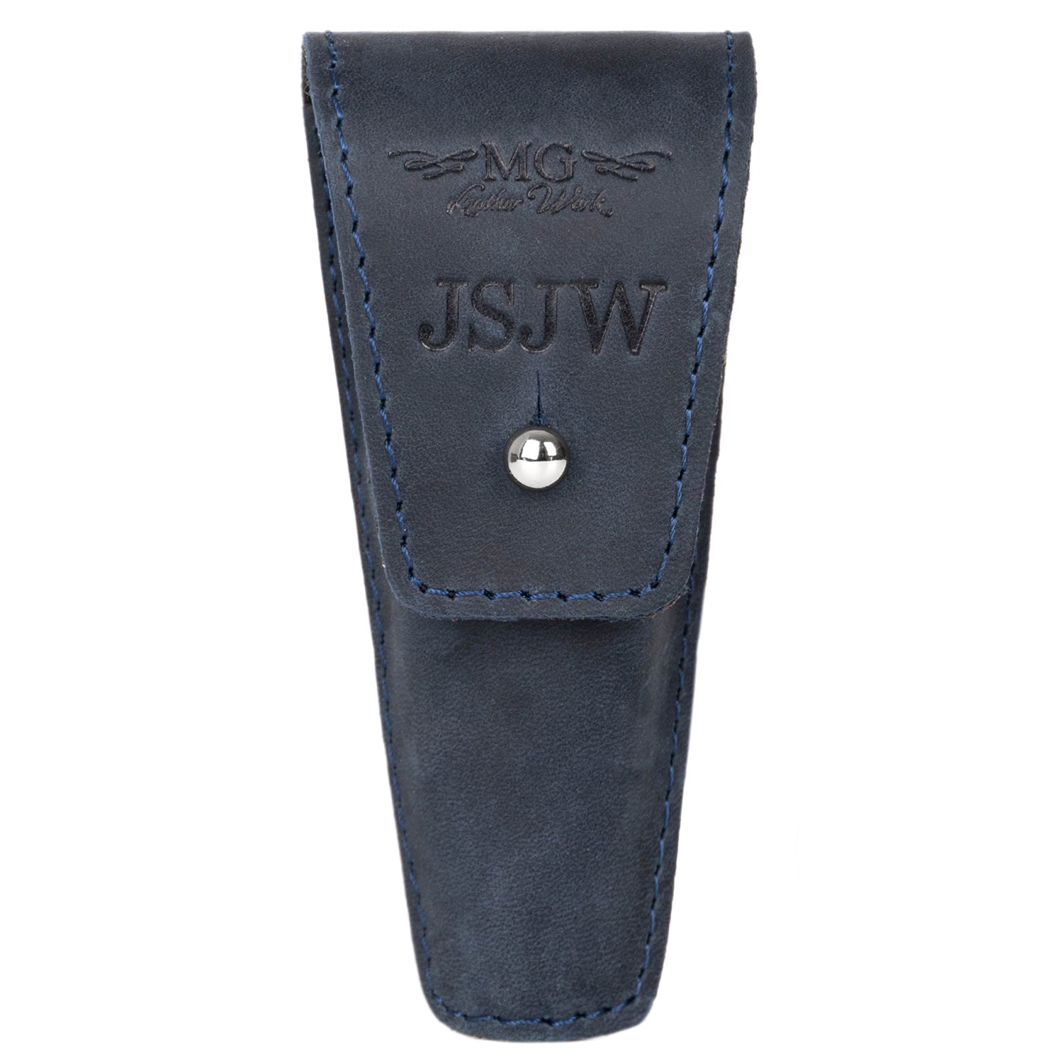 Trumpet Mouthpiece Pouch Single Crazy Horse Leather Dark Blue with personalization — front design view on white background