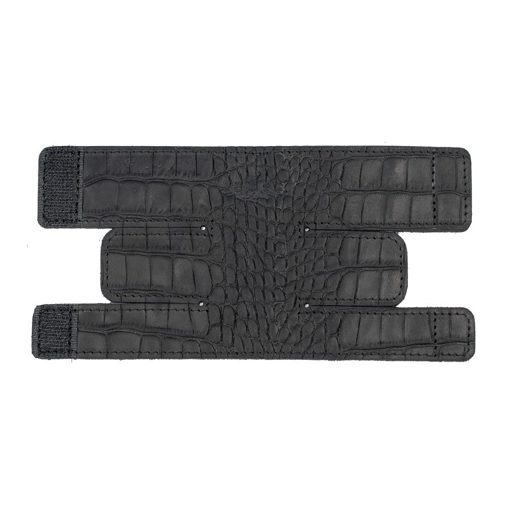 Trumpet Valve Cover L Reptile Leather Black — unfolded front side on white background