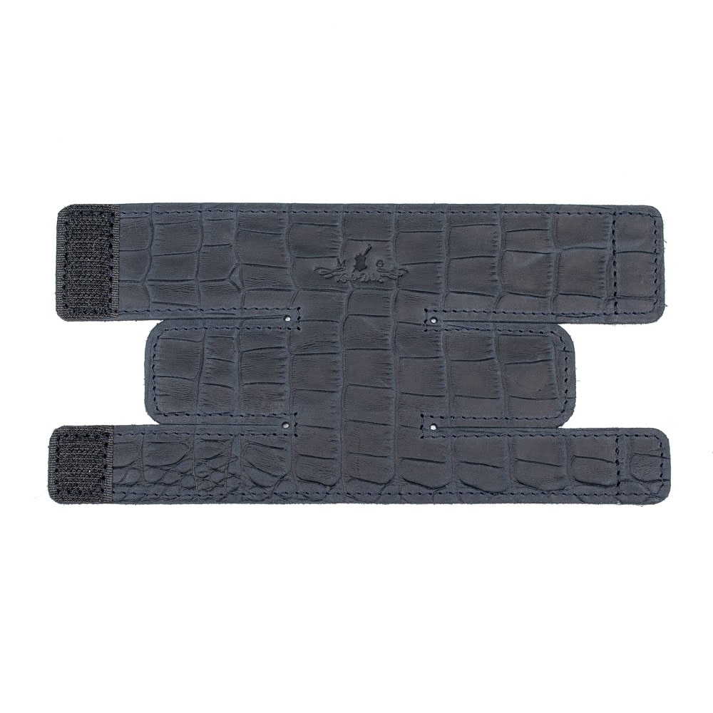 Trumpet Valve Cover L Reptile Leather Dark Blue — unfolded front side on white background