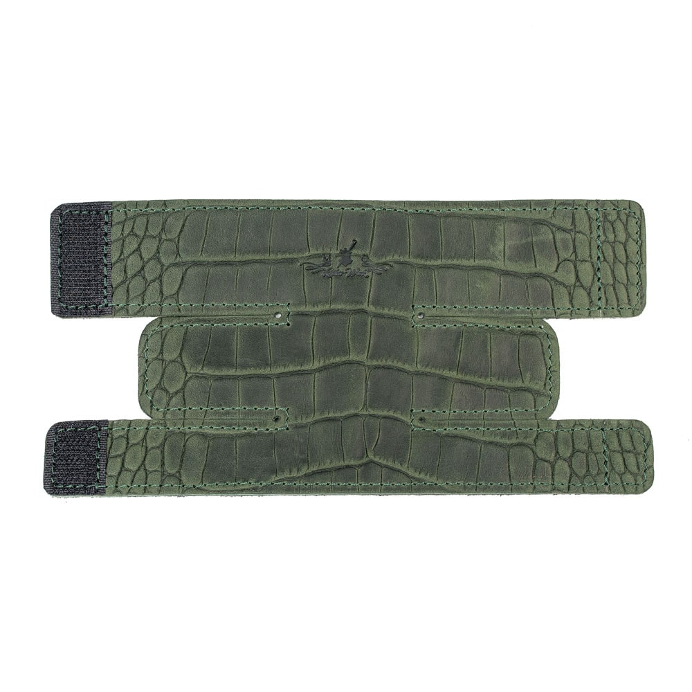 Trumpet Valve Cover L Reptile Leather Green — unfolded front view displayed on white background