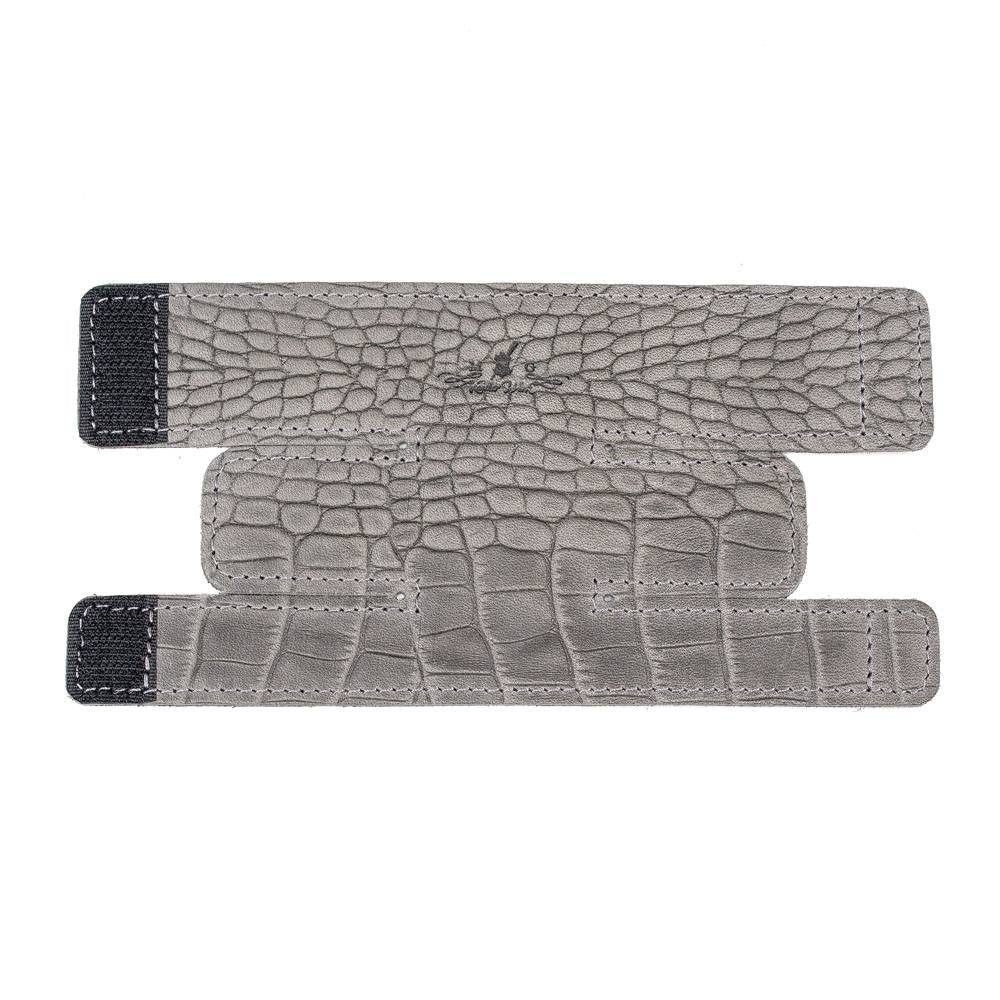 Trumpet Valve Cover L Reptile Leather Grey — unfolded front side on white background