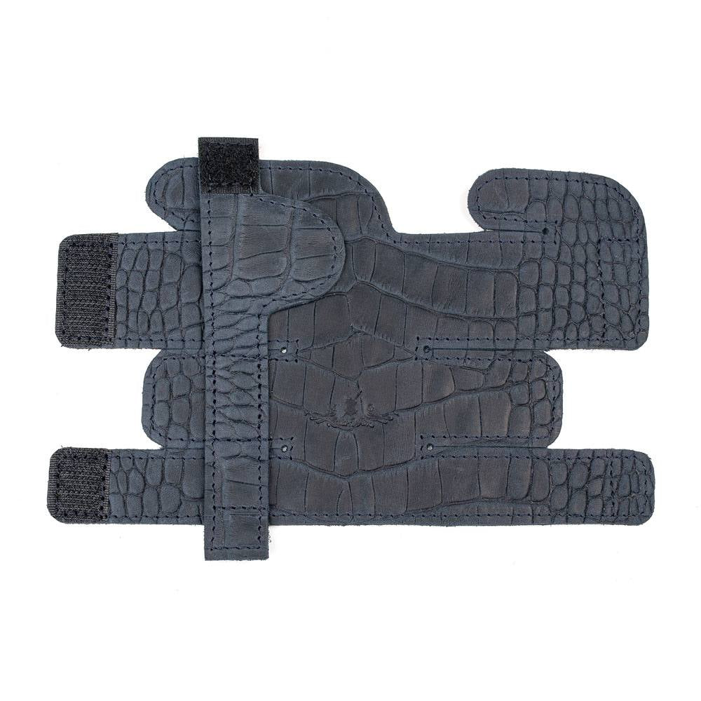 Trumpet Valve Cover XL Reptile Leather Dark Blue — unfolded front part on white background
