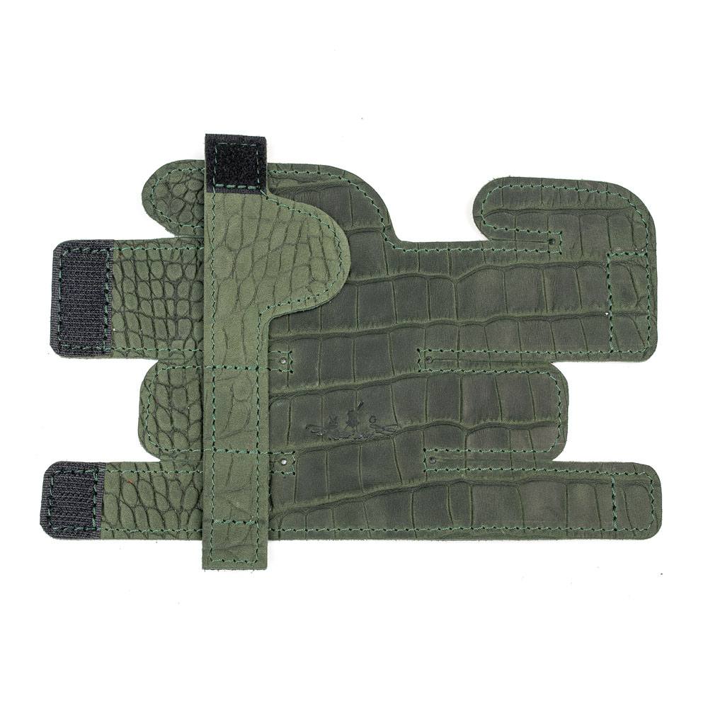 Trumpet Valve Cover XL Reptile Leather Green — unfolded front part on white background
