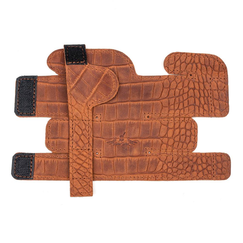 Trumpet Valve Cover XL Reptile Leather Light Brown — unfolded front panel on white background