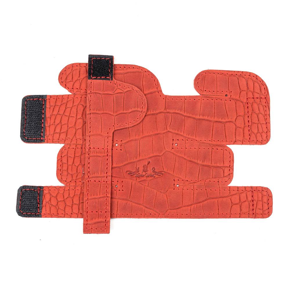 Trumpet Valve Cover XL Reptile Leather Red — unfolded front part on white background