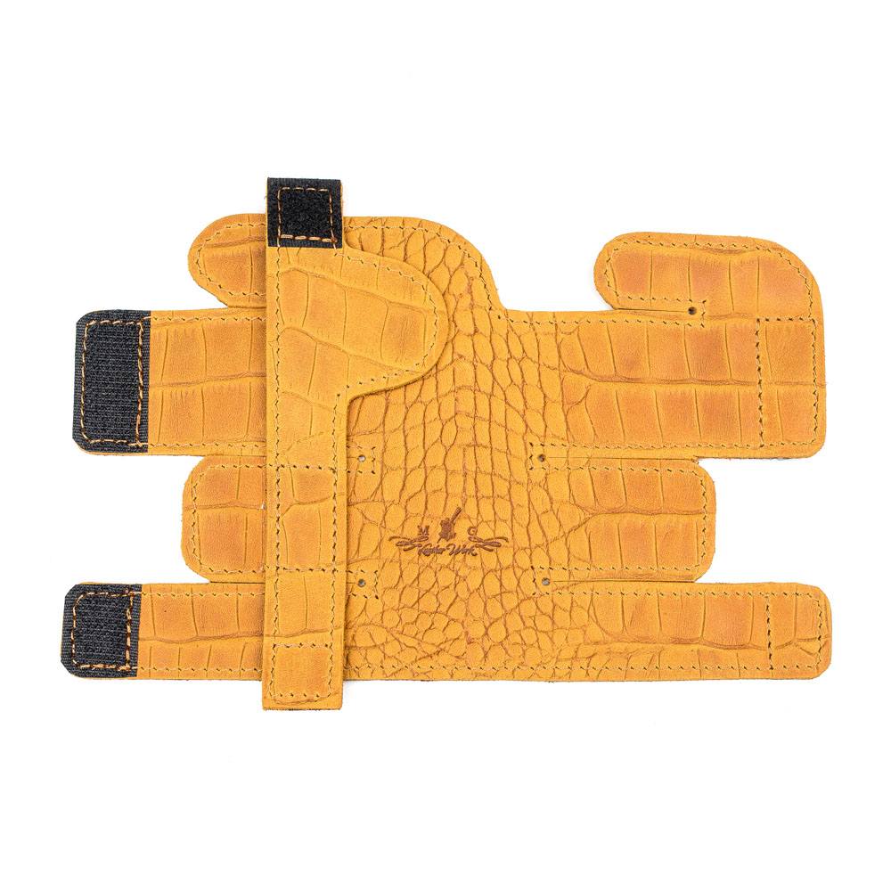 Trumpet Valve Cover XL Reptile Leather Yellow — unfolded front side on white background