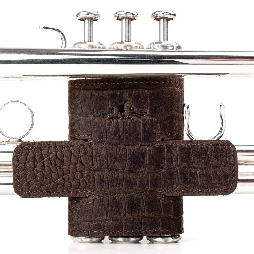 Front view of trumpet with Valve Guard L in Brown Crazy Horse leather