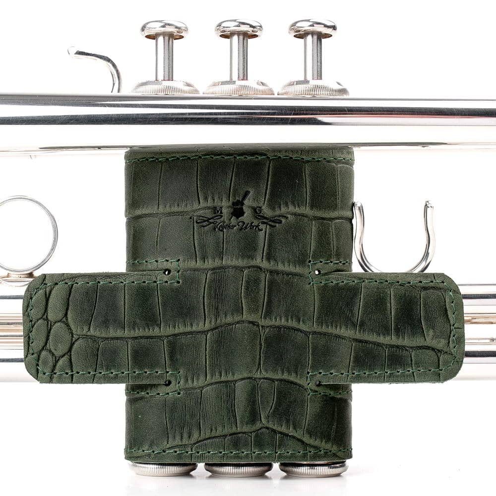 Trumpet Valve Guard L Reptile Leather Green — front angle installed on trumpet