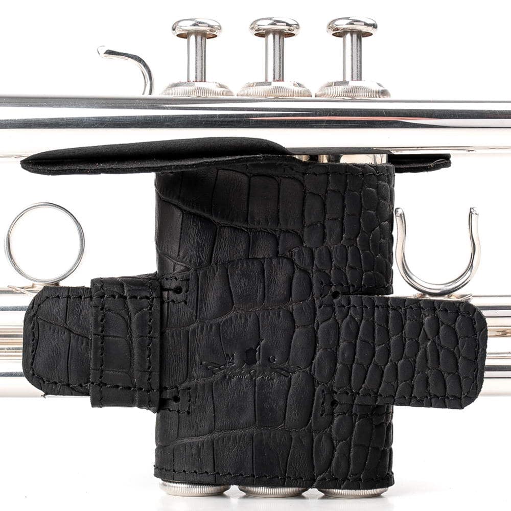 Trumpet Valve Guard XL Reptile Leather Black — front view on trumpet