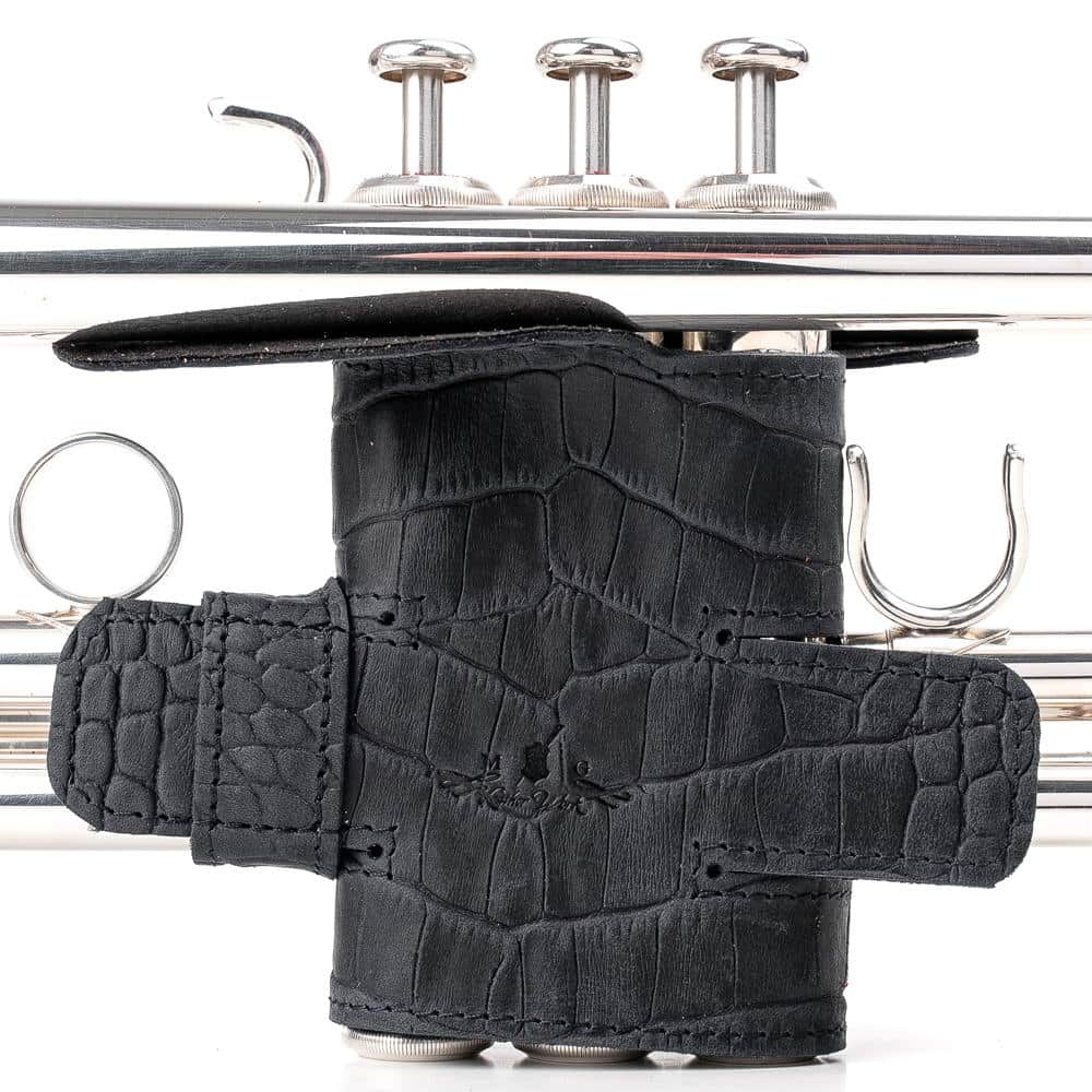 Trumpet Valve Guard XL Reptile Leather Dark Blue — front view on trumpet